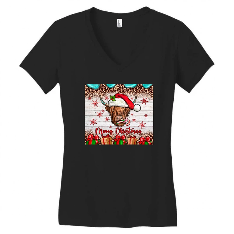 Merry Christmas Cow Women's V-Neck T-Shirt 5 Merry Christmas Cow Women's V-Neck T-Shirt - Image 3