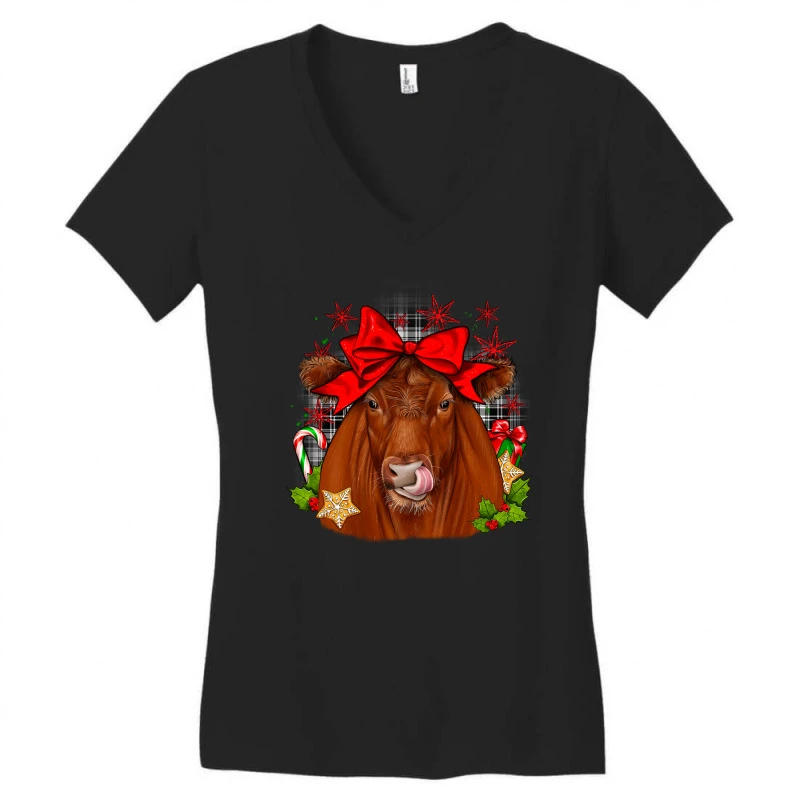 Christmas Red Angus Women's V-Neck T-Shirt 5 Christmas Red Angus Women's V-Neck T-Shirt - Image 3