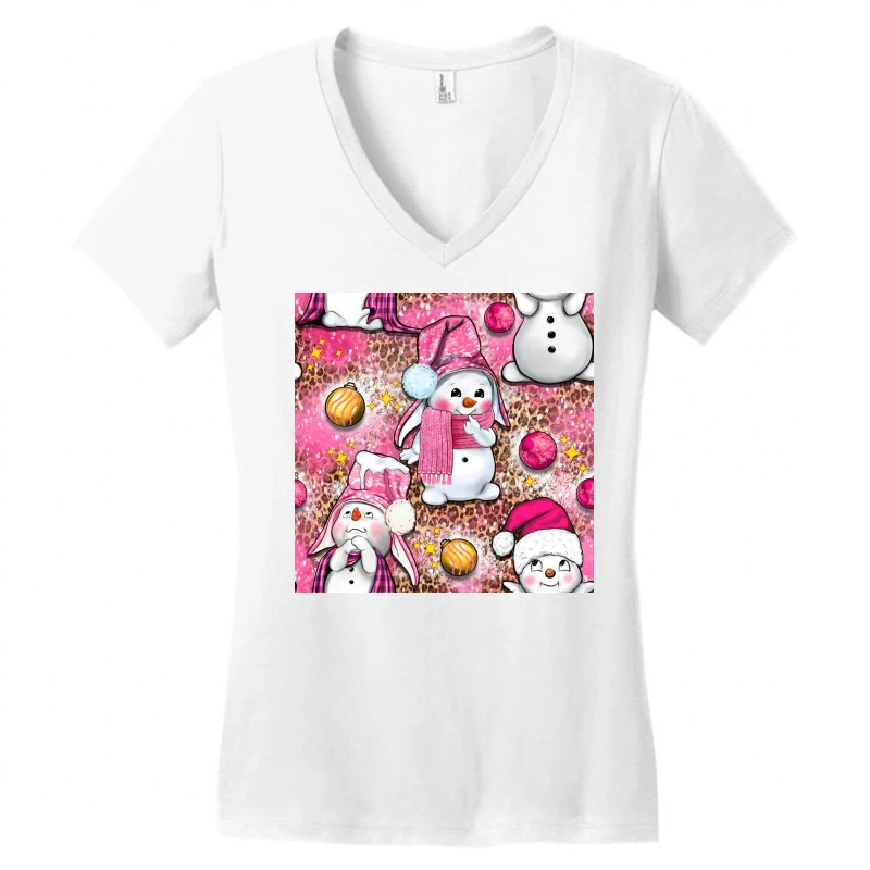 Pink Christmas Cute Snowman Women's V-Neck T-Shirt 5 Pink Christmas Cute Snowman Women's V-Neck T-Shirt - Image 3