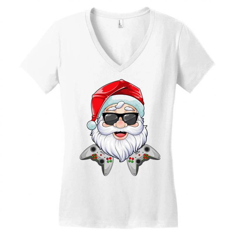 Christmas Santa Claus Video Game Controllers Xmas Women's V-Neck T-Shirt 5 Christmas Santa Claus Video Game Controllers Xmas Women's V-Neck T-Shirt - Image 3