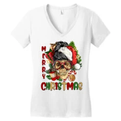 Merry Christmas Skeleton Messy Bun Women's V-Neck T-Shirt -Deals T-Shirt Store pd.2526248987.72.25057785.s3.1 front white ffffff none x0y0 138 800x800 1