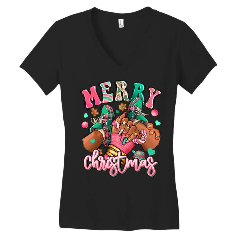 Pink Merry Christmas Black Girl Sneakers Women's V-Neck T-Shirt 5 Pink Merry Christmas Black Girl Sneakers Women's V-Neck T-Shirt - Image 3