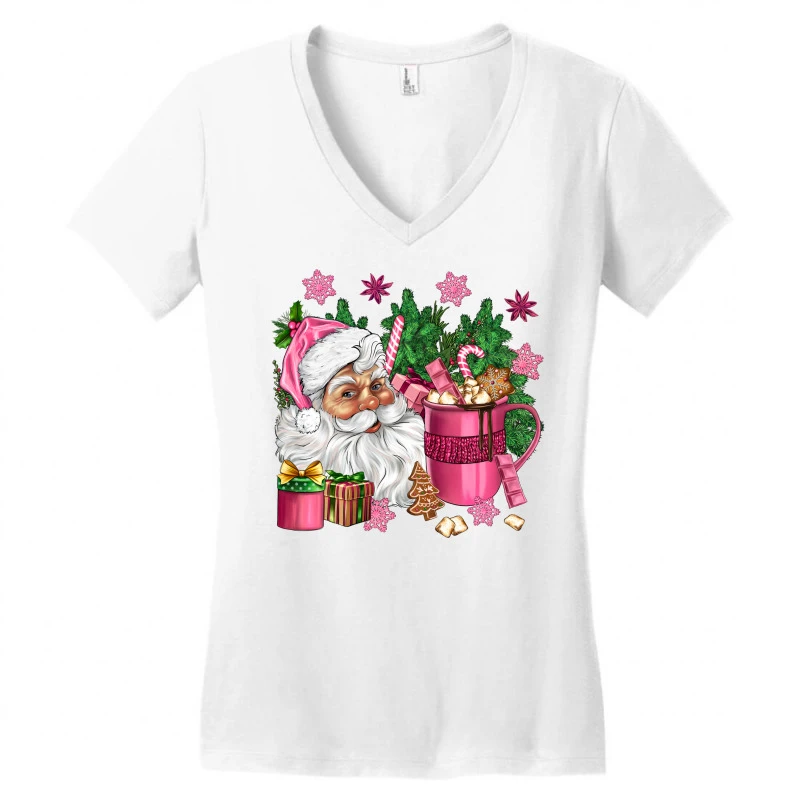 Pink Christmas Hot Chocolate Coffee Cup With Santa Women's V-Neck T-Shirt 5 Pink Christmas Hot Chocolate Coffee Cup With Santa Women's V-Neck T-Shirt - Image 3