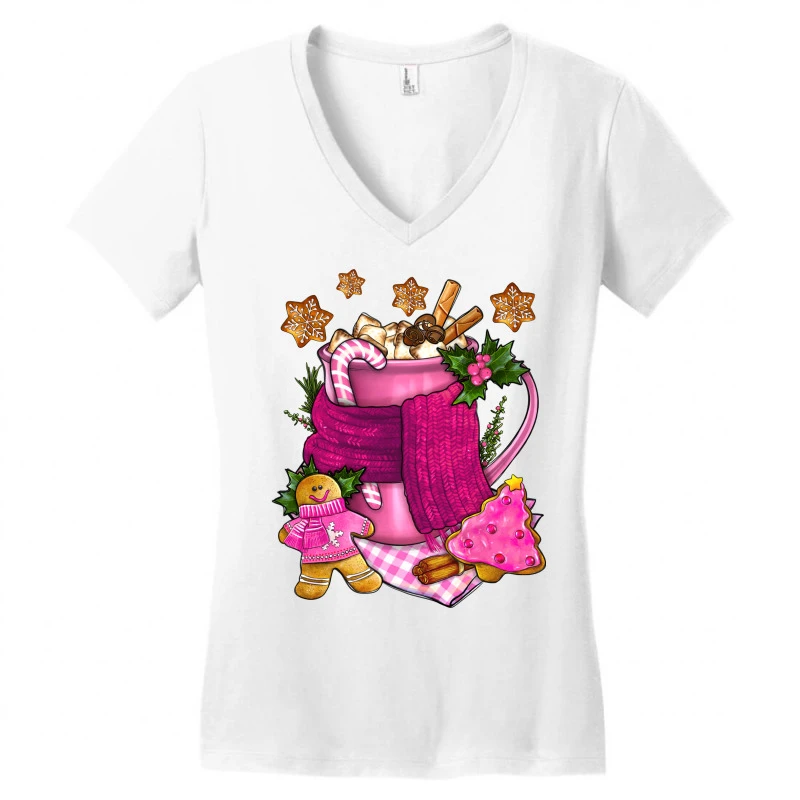 Pink Christmas Coffee Drink Women's V-Neck T-Shirt 5 Pink Christmas Coffee Drink Women's V-Neck T-Shirt - Image 3
