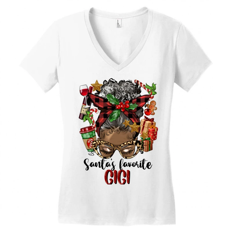 Afro Messy Bun Christmas Gigi Women's V-Neck T-Shirt 5 Afro Messy Bun Christmas Gigi Women's V-Neck T-Shirt - Image 3