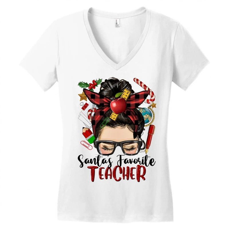 Messy Bun Christmas Teacher Women's V-Neck T-Shirt 5 Messy Bun Christmas Teacher Women's V-Neck T-Shirt - Image 3