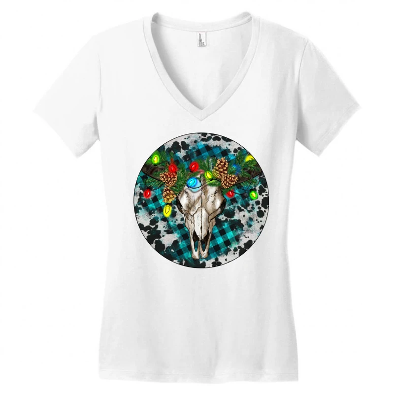 Bull Skull Christmas Women's V-Neck T-Shirt 5 Bull Skull Christmas Women's V-Neck T-Shirt - Image 3