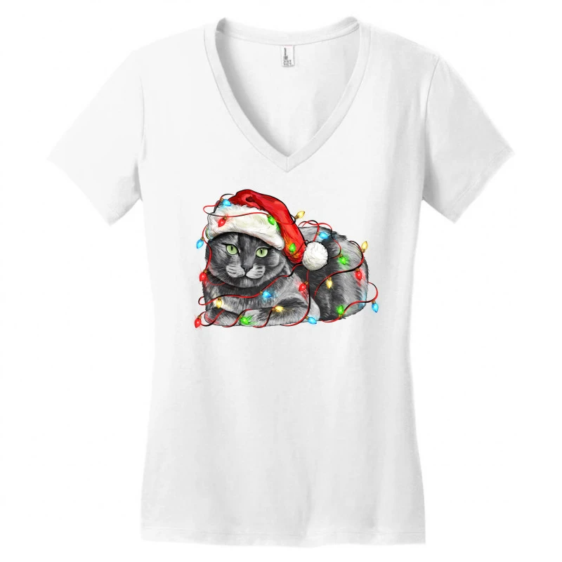 Christmas Russian Blue Cat Women's V-Neck T-Shirt 5 Christmas Russian Blue Cat Women's V-Neck T-Shirt - Image 3