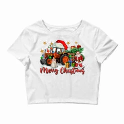 Christmas Orange Tractor With Santa And Snowman Crop Top