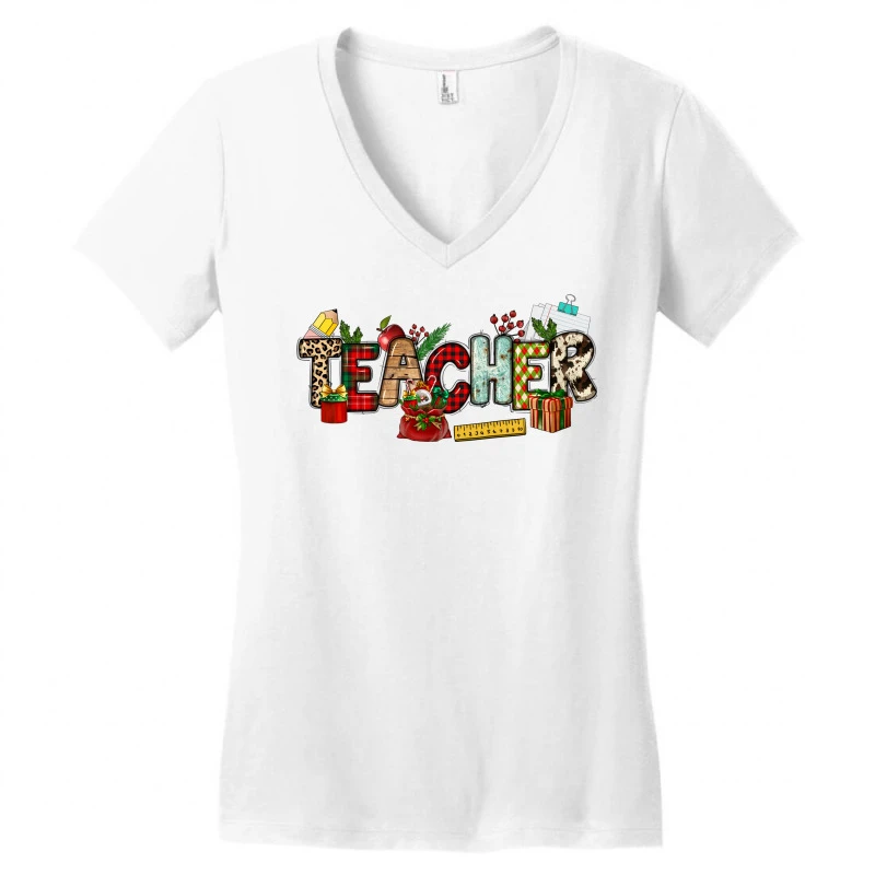 Christmas Teacher Women's V-Neck T-Shirt 5 Christmas Teacher Women's V-Neck T-Shirt - Image 3