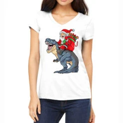 Christmas Dinosaur Santa Riding T Rex Merry Xmas B Women's V-Neck T-Shirt