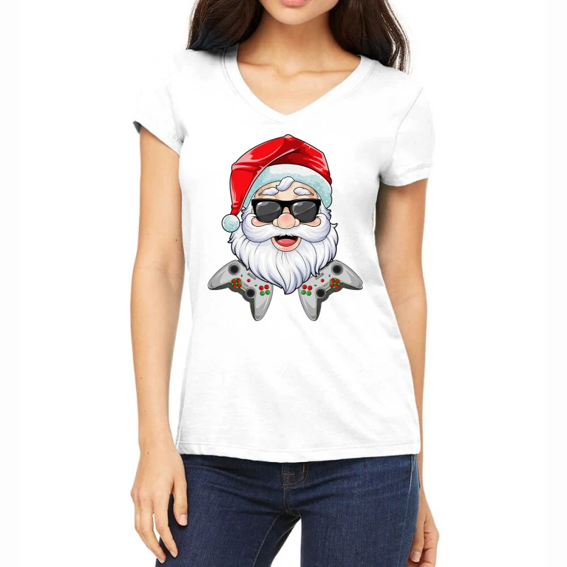 Christmas Santa Claus Video Game Controllers Xmas Women's V-Neck T-Shirt 3 Christmas Santa Claus Video Game Controllers Xmas Women's V-Neck T-Shirt