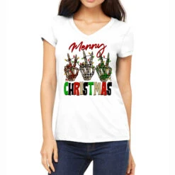 Merry Christmas Skeleton Hands Women's V-Neck T-Shirt