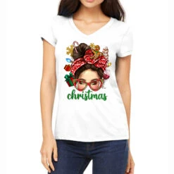 Christmas Messy Bun With Gingerbread Man Women's V-Neck T-Shirt
