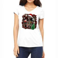 Skeleton With Coffee Cup Christmas Women's V-Neck T-Shirt