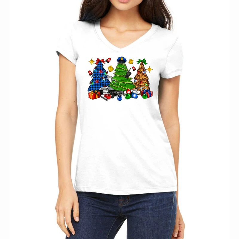 Police Christmas Trees Women's V-Neck T-Shirt 3 Police Christmas Trees Women's V-Neck T-Shirt