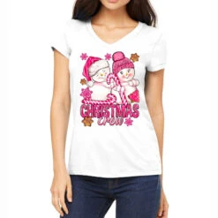 Pink Christmas Crew Snowman Women's V-Neck T-Shirt