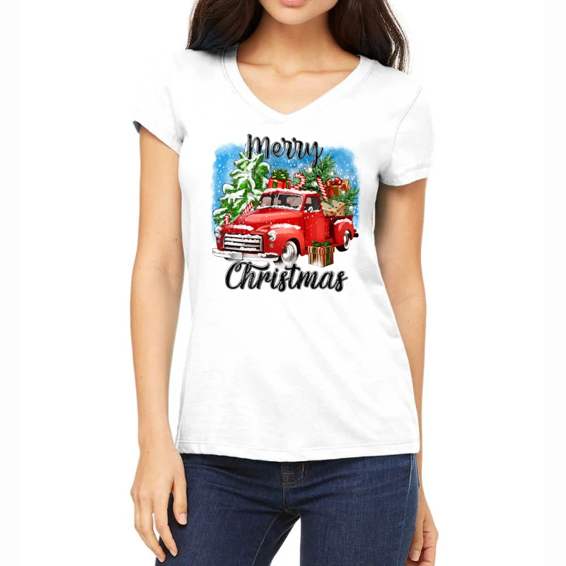 Merry Christmas Truck Women's V-Neck T-Shirt 3 Merry Christmas Truck Women's V-Neck T-Shirt