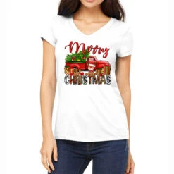 Merry Christmas Truck With Deer Women's V-Neck T-Shirt