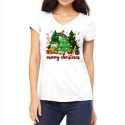 Merry Christmas School Bus Christmas Trees Women's V-Neck T-Shirt