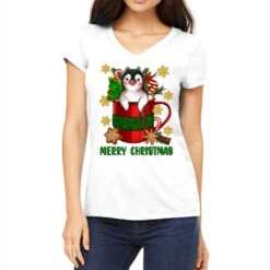 Merry Christmas Hot Chocolate Coffee Cup With Cute Women's V-Neck T-Shirt