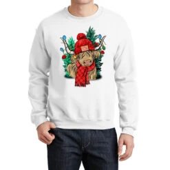Red Christmas Long Haired Cow Crewneck Sweatshirt