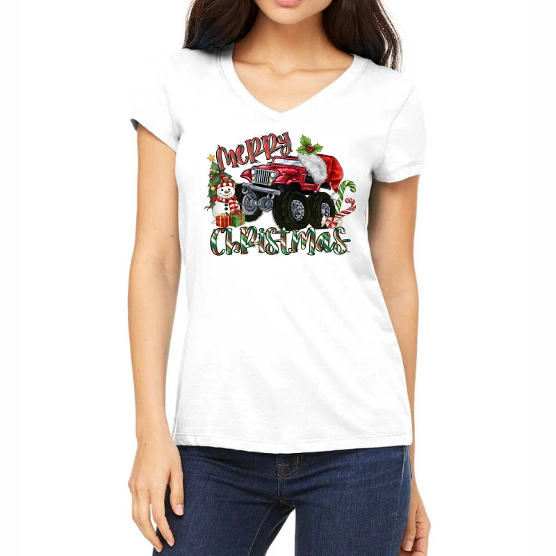 Merry Christmas Monster Truck Women's V-Neck T-Shirt 3 Merry Christmas Monster Truck Women's V-Neck T-Shirt