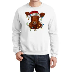 Christmas Baby Red Angus Calf With Lights Crewneck Sweatshirt