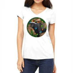 Black Angus Bull With Christmas Lights Women's V-Neck T-Shirt