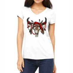 Western Christmas Bull Skull Women's V-Neck T-Shirt