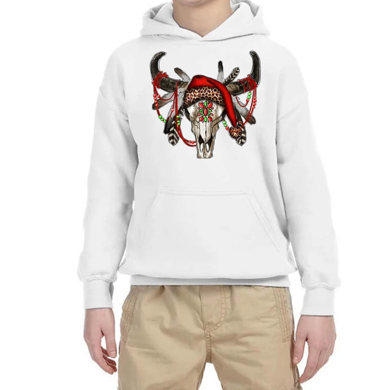 Western Christmas Bull Skull Youth Hoodie 3 Western Christmas Bull Skull Youth Hoodie
