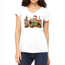 Christmas Coffee Cups With Beagle Women's V-Neck T-Shirt