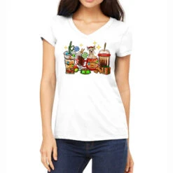 Christmas Coffee Cups With Chihuahua Women's V-Neck T-Shirt