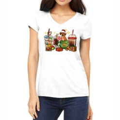 Christmas Coffee Cups With Dachshund Women's V-Neck T-Shirt