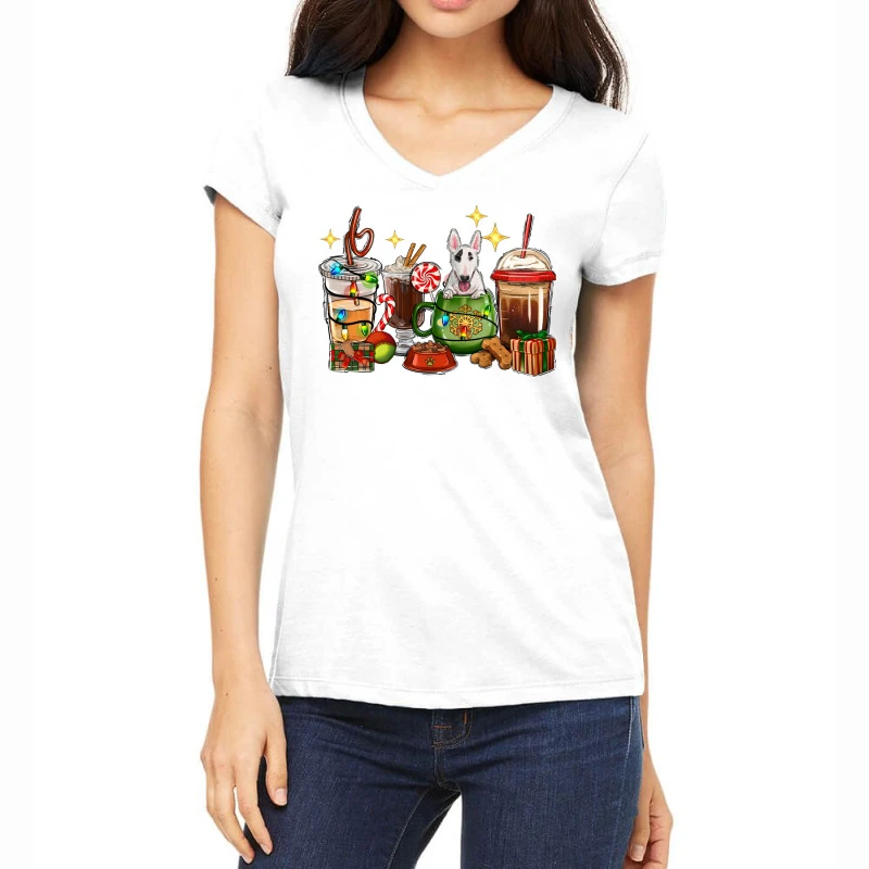 Christmas Coffee Cups With Bull Terrier Women's V-Neck T-Shirt 3 Christmas Coffee Cups With Bull Terrier Women's V-Neck T-Shirt