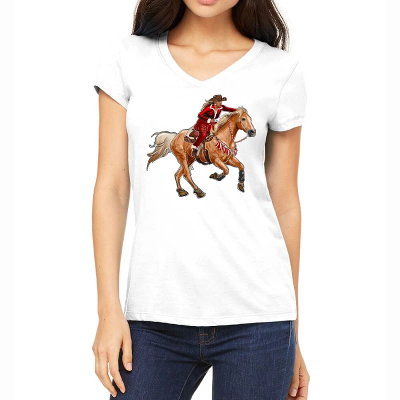 Western Christmas Cowgirl On The Horse Women's V-Neck T-Shirt 3 Western Christmas Cowgirl On The Horse Women's V-Neck T-Shirt