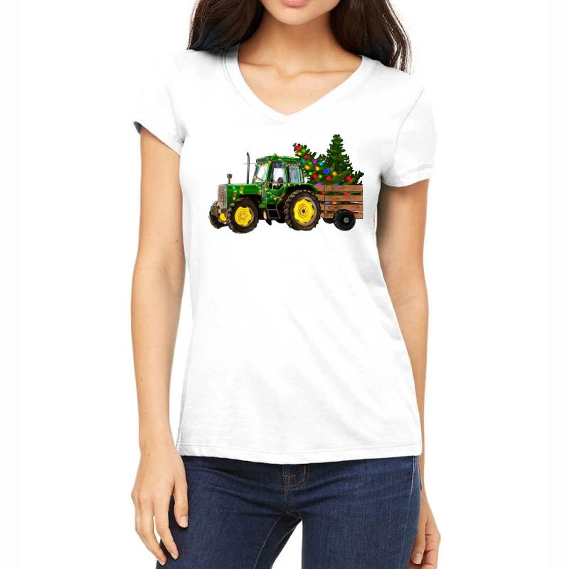 Green Christmas Tractor Women's V-Neck T-Shirt 3 Green Christmas Tractor Women's V-Neck T-Shirt