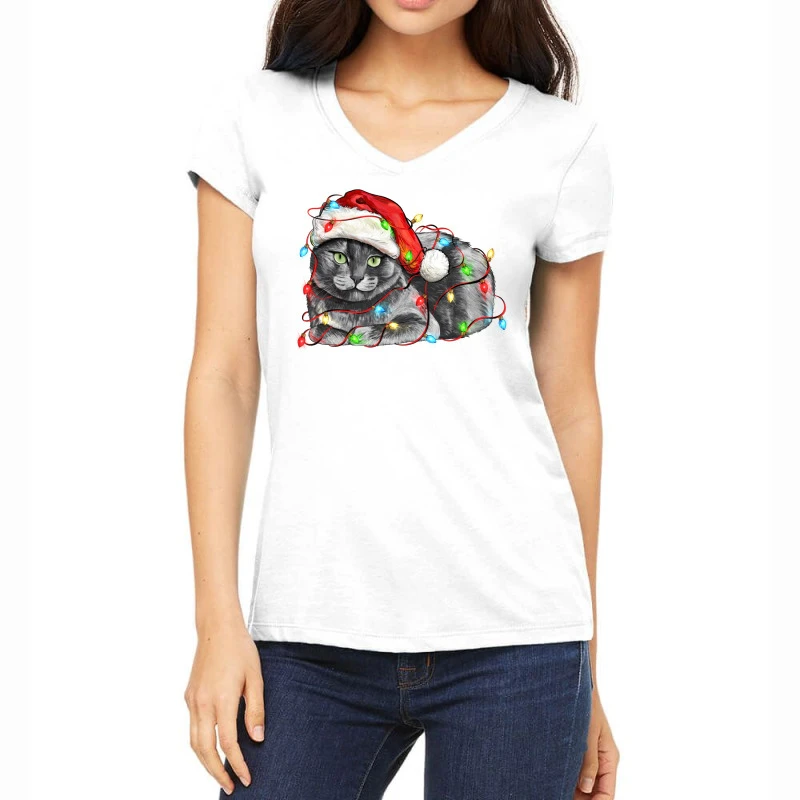 Christmas Russian Blue Cat Women's V-Neck T-Shirt 3 Christmas Russian Blue Cat Women's V-Neck T-Shirt