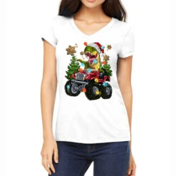 Christmas T-rex With Monster Truck Women's V-Neck T-Shirt