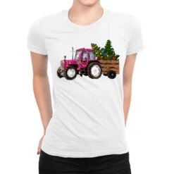 Pink Christmas Farm Tractor Ladies Fitted T-Shirt