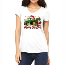 Christmas Green Tractor With Santa And Snowman Women's V-Neck T-Shirt