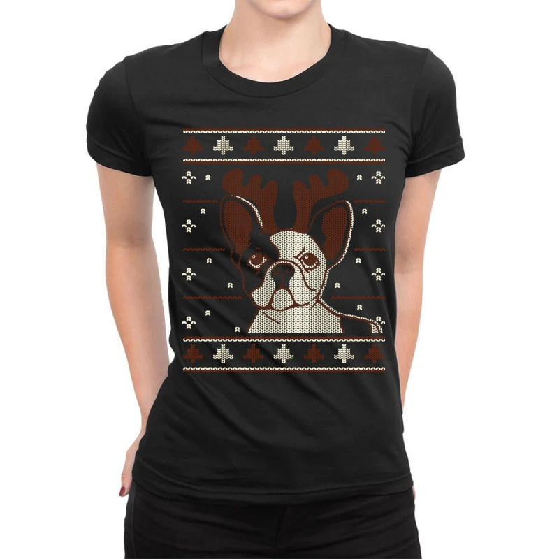 Ugly Christmas French Bulldog Puppy With Reindeer Ladies Fitted T-Shirt 3 Ugly Christmas French Bulldog Puppy With Reindeer Ladies Fitted T-Shirt