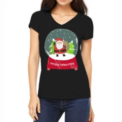 Snow Globe Santa Claus Christmas Tree Believe Xmas Women's V-Neck T-Shirt