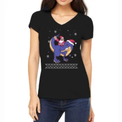 Santa Riding Dinosaur Ugly Christmas Xmas Matching Women's V-Neck T-Shirt