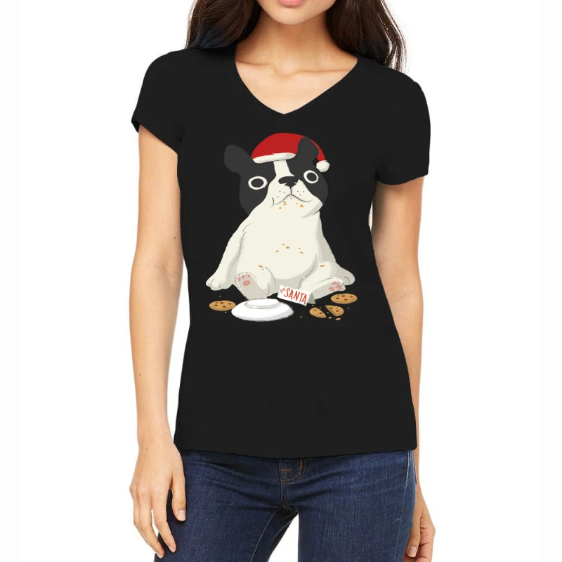 Santa English Bulldog Cookie Christmas Dog Lov Women's V-Neck T-Shirt 3 Santa English Bulldog Cookie Christmas Dog Lov Women's V-Neck T-Shirt
