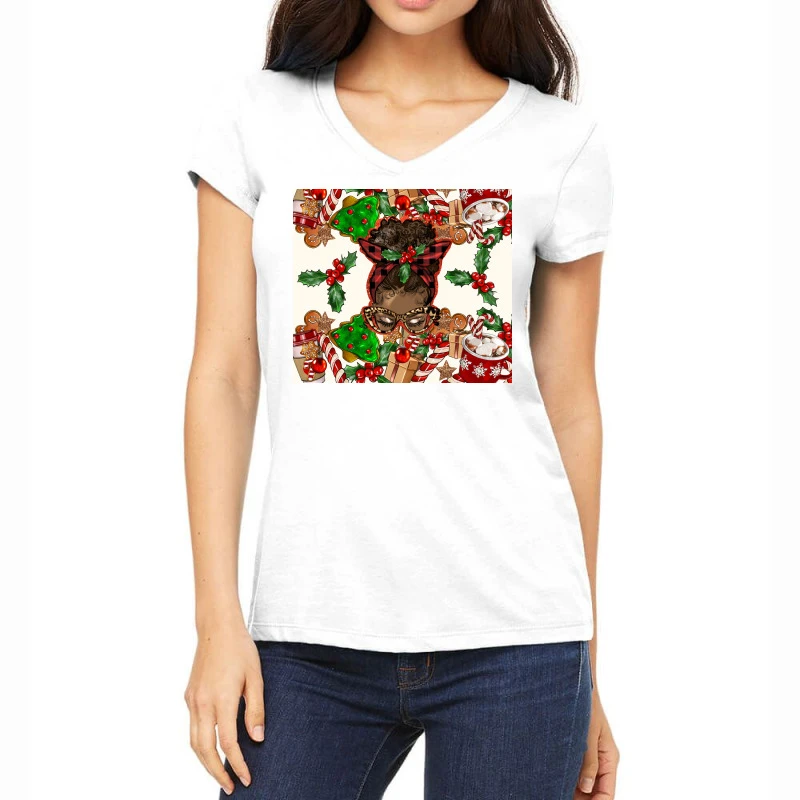 Afro Messy Bun Christmas Women's V-Neck T-Shirt 3 Afro Messy Bun Christmas Women's V-Neck T-Shirt